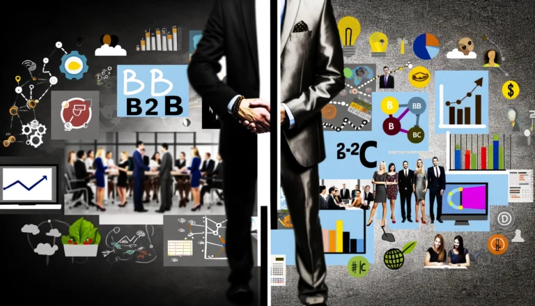Comparación gráfica entre Marketing B2B y B2C, ilustrando tácticas y estrategias específicas en ambos sectores.
