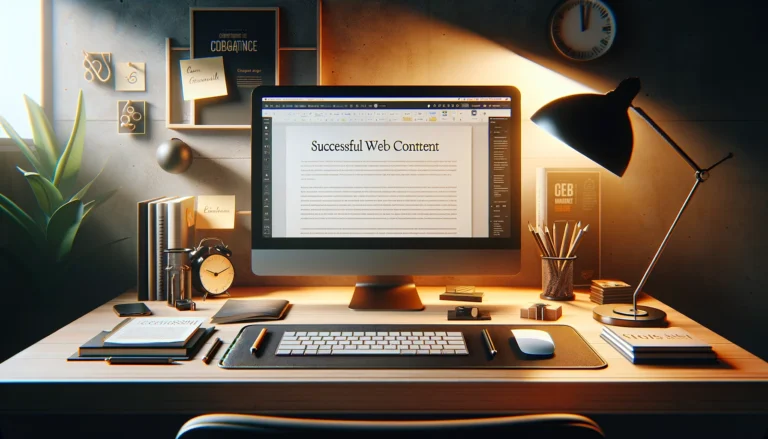 Un escritorio con una computadora mostrando un documento de redacción de contenido web exitoso
