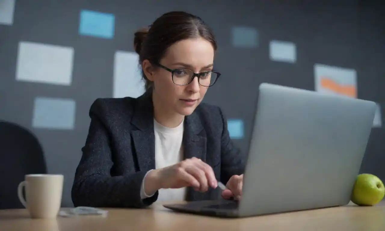 A digital marketer analyzing email campaigns on a laptop with AI analytics graphics nearby.