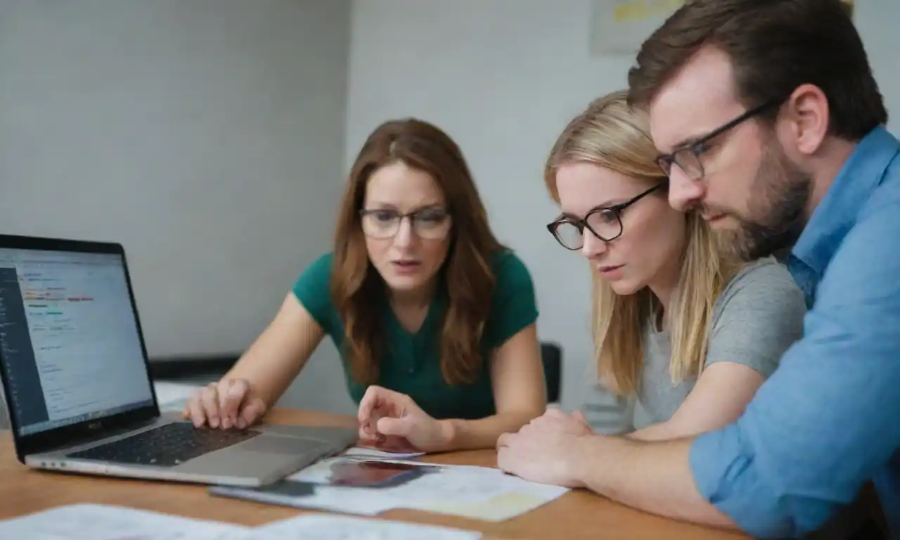 A marketing team analyzing data on a laptop while brainstorming landing page designs.