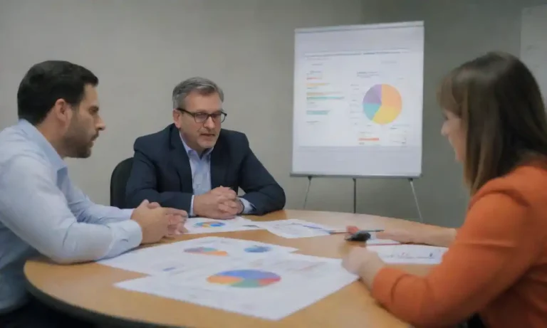 Grupo de profesionales discutiendo estrategias frente a un diagrama de flujo sobre la implementación de CRM.