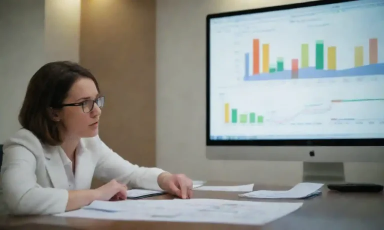 Analyst examining data charts and graphs while discussing marketing strategies in a meeting room.