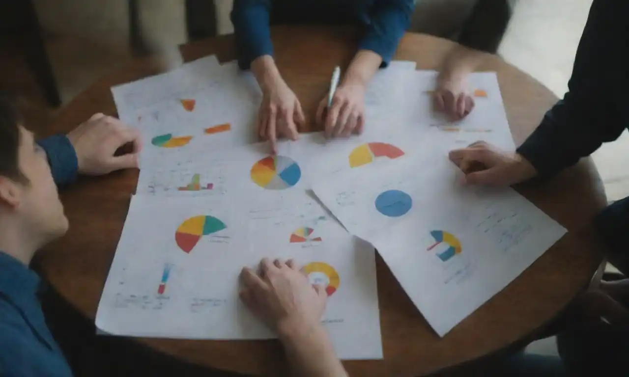 Team collaborating around a table with charts and campaign materials