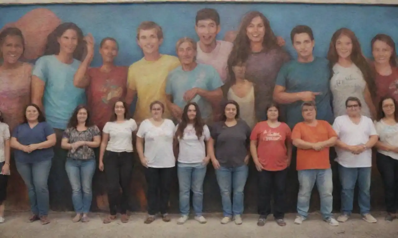 Grupo diverso de personas colaborando en un mural comunitario.