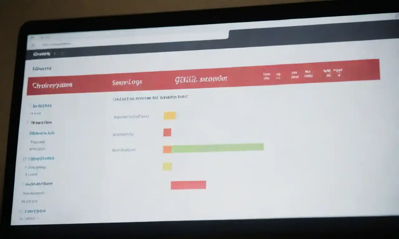 Laptop screen displaying search logs with PPC metrics and analysis charts.