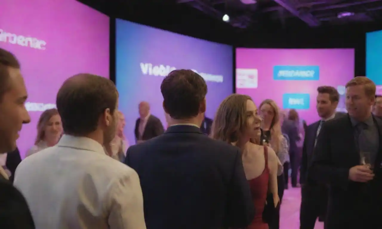 A diverse group of people interacting with immersive brand displays at an event.