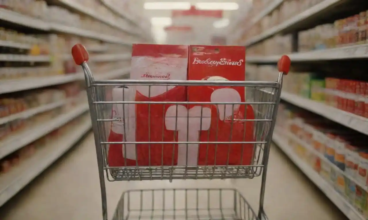 Shopping cart filled with products marked with psychological price tags and consumer looking thoughtfully.