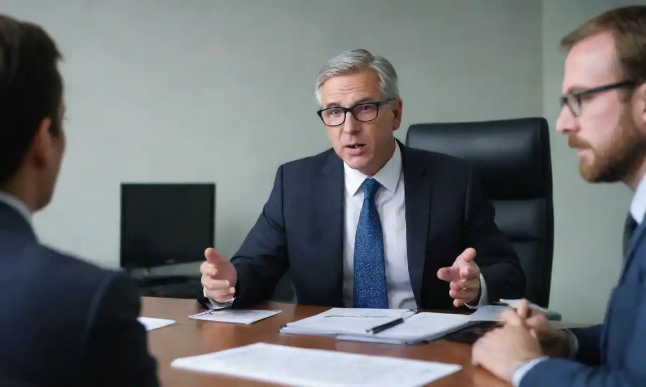 A legal expert discussing guidelines with marketing professionals in a modern office.