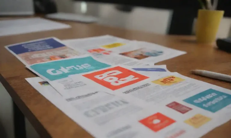 An open newsletter on a desk showcasing cohesive colors and logos that represent a brand.