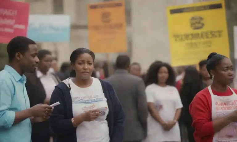 Visuals of diverse community members engaged in a public awareness campaign