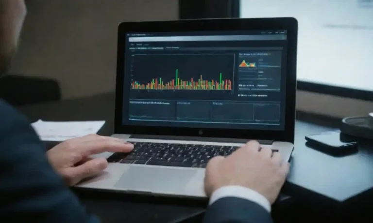 Professional analyzing data charts and search engine analytics on a laptop.