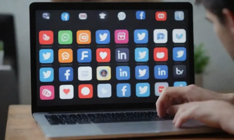 Person using a laptop with various social media icons and analytics on the screen.