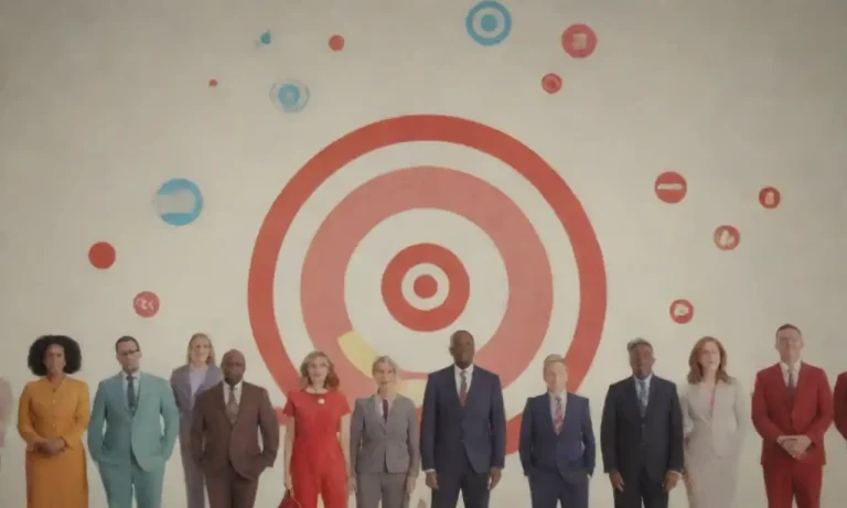 Illustration of a diverse group of people surrounded by target icons and charts.