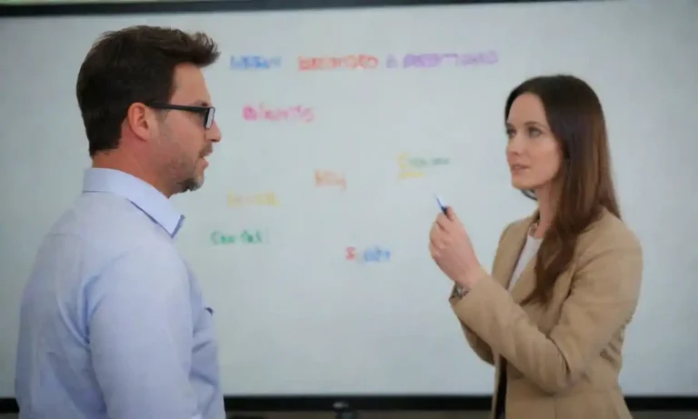 A marketer presenting persuasive strategies on a digital whiteboard filled with keywords and visuals.