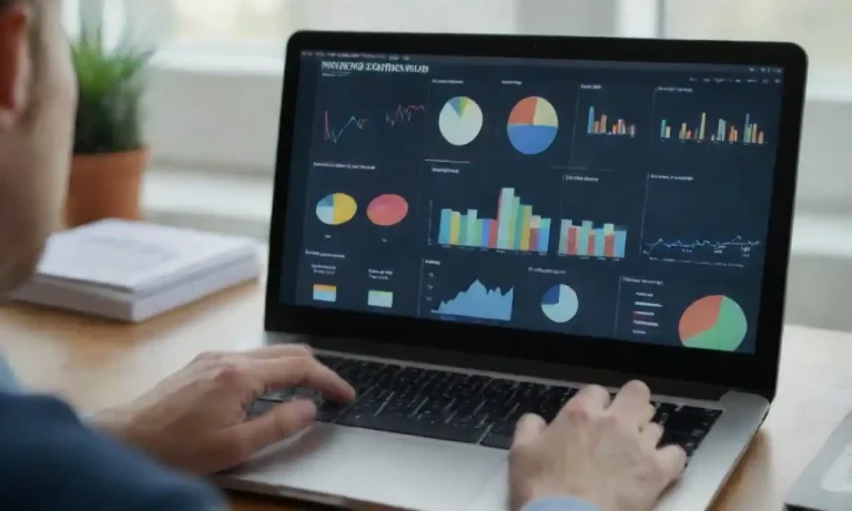 Person analyzing a digital marketing strategy with charts and website links displayed on a screen.