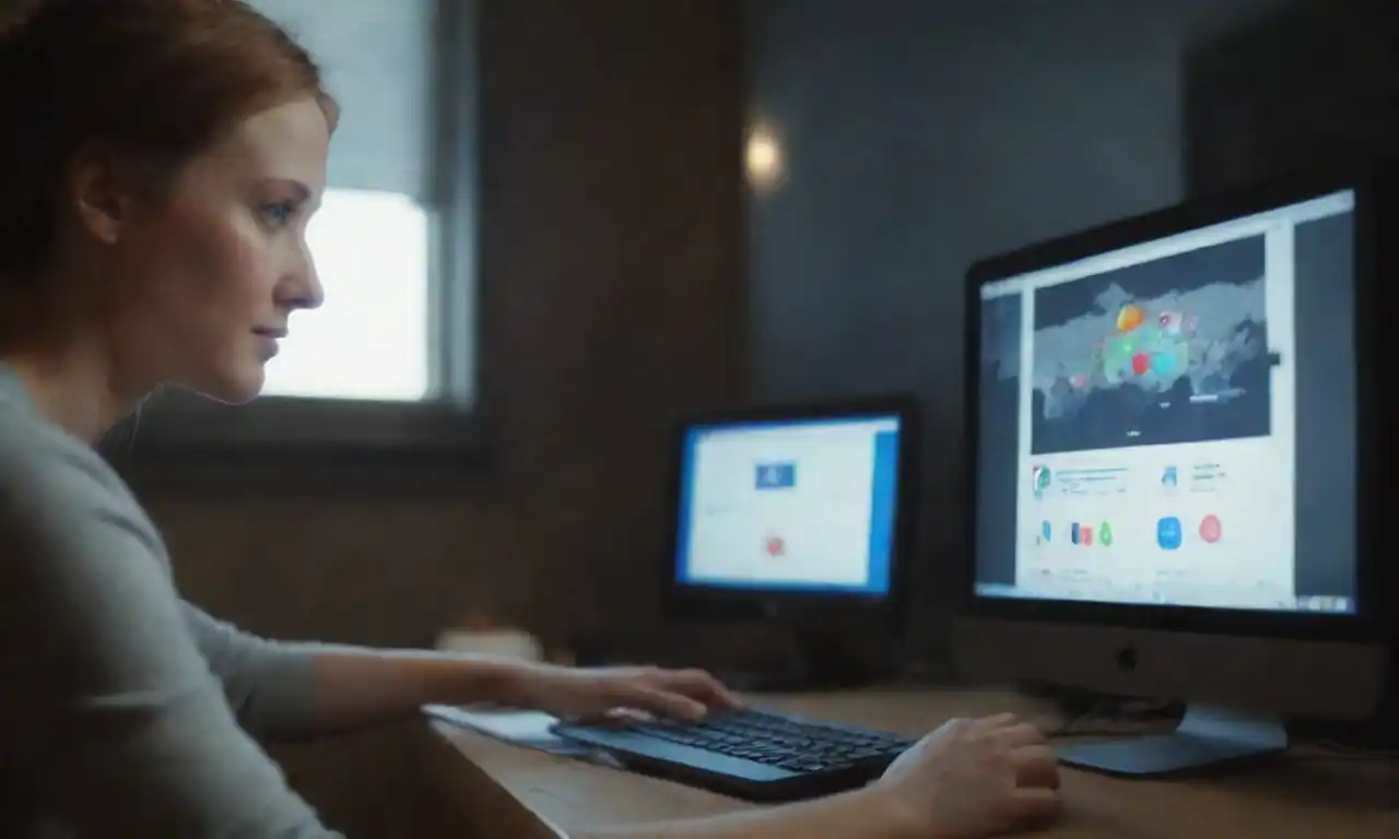 Person analyzing social media metrics on a computer with engagement icons displayed.