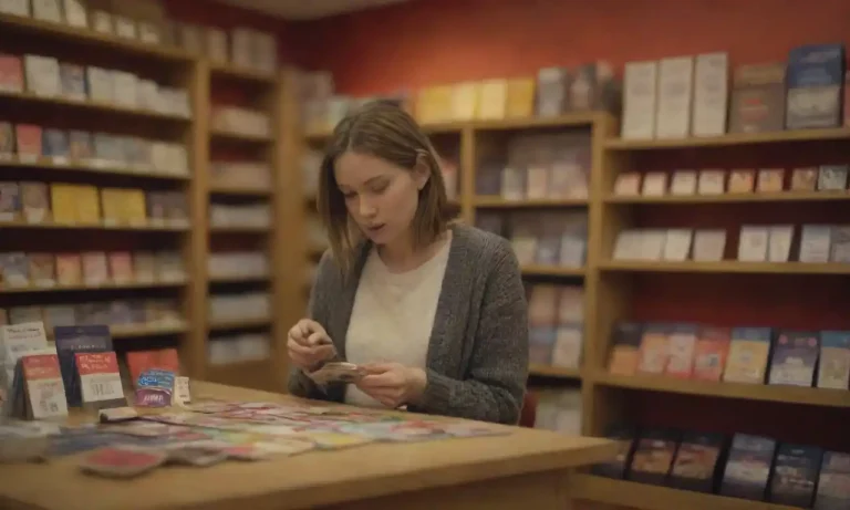 A customer reviewing promotional materials in a cozy store with loyalty cards displayed.