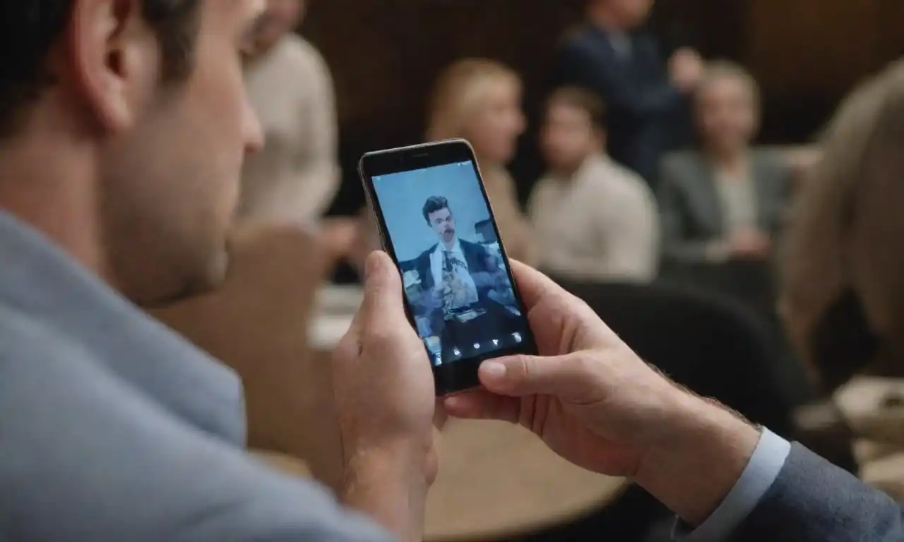 Person interacting with a mobile device while attending a virtual event.