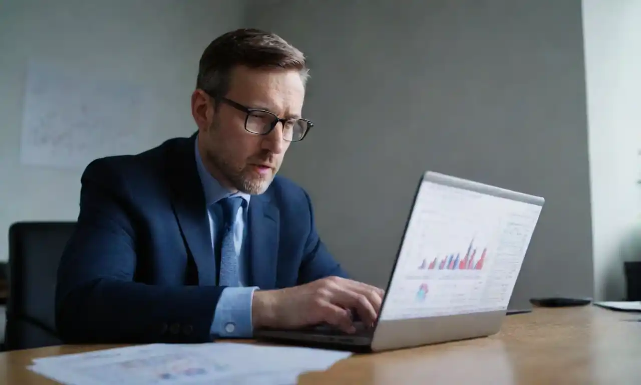 A marketing expert analyzing PPC campaign data on a laptop with charts and graphs.