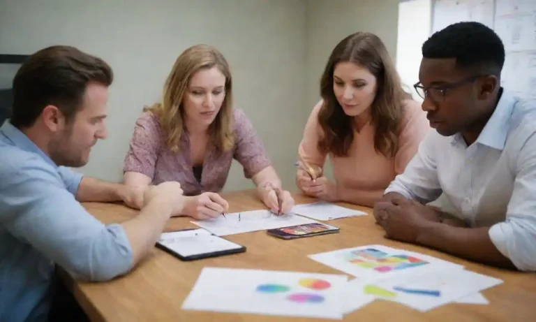 Team brainstorming ideas around a table with marketing materials and digital devices.