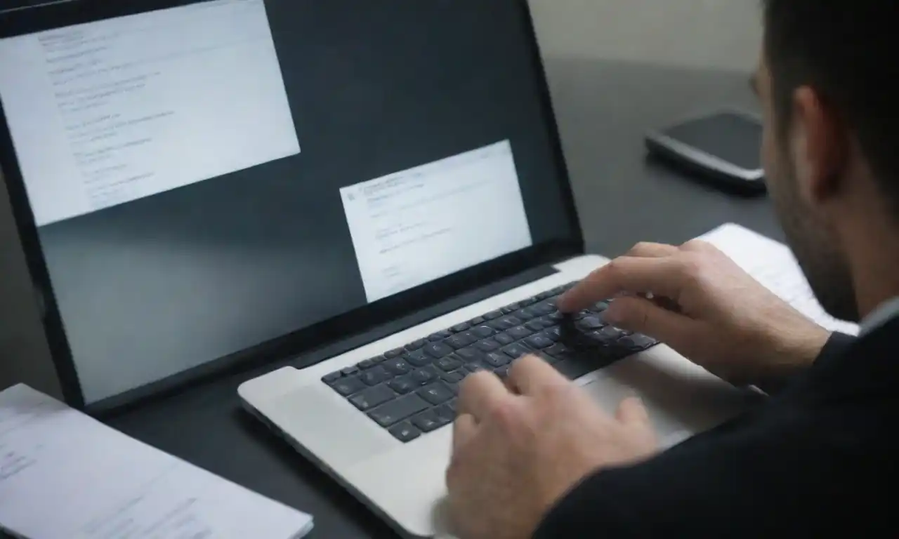 A person typing an urgent email with a clock and checklist nearby.