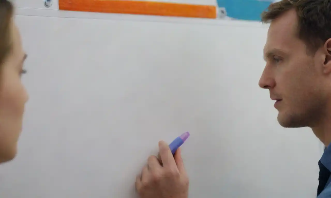 A person brainstorming ideas while writing on a whiteboard with colorful markers.