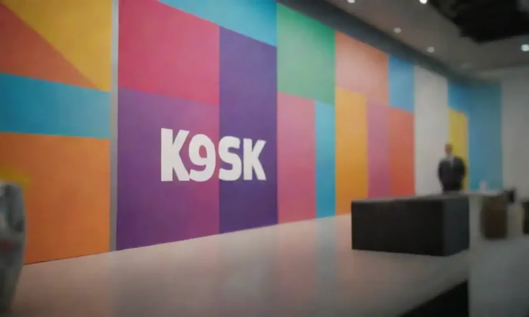 Colorful branding elements and artwork displayed in a corporate setting.