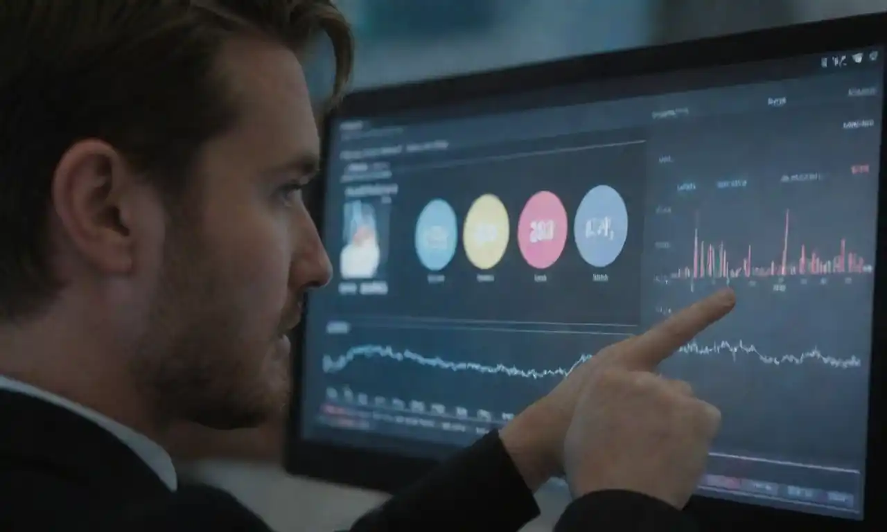 Analyst reviewing social media metrics and influencer engagement on a digital dashboard.