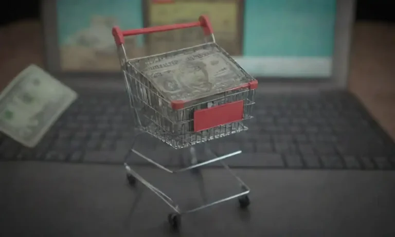 A visual of a shopping cart with dollar signs and online ads displayed on a smartphone.