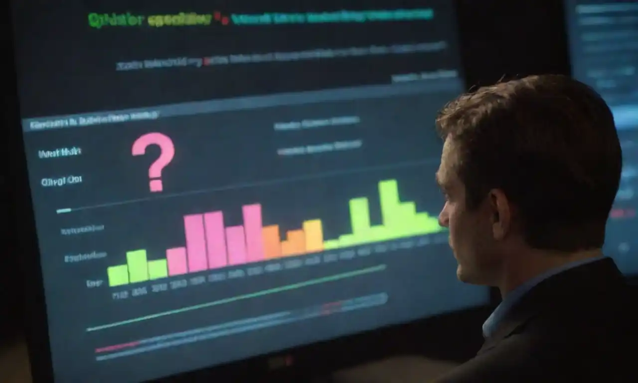 A person analyzing marketing metrics on a graph with a question mark in the background.