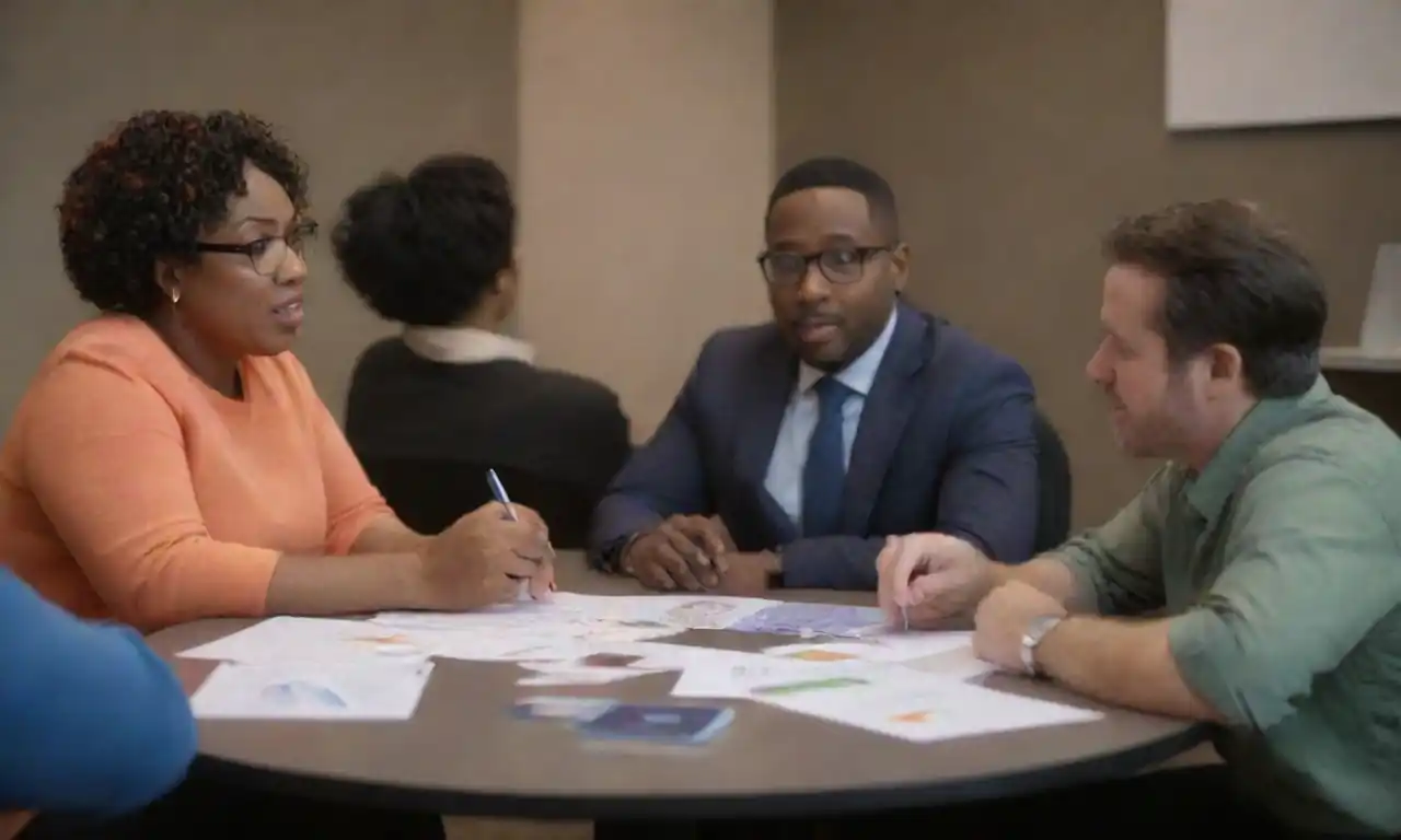 Diverse individuals engaged in a marketing brainstorming session showcasing inclusive branding materials.