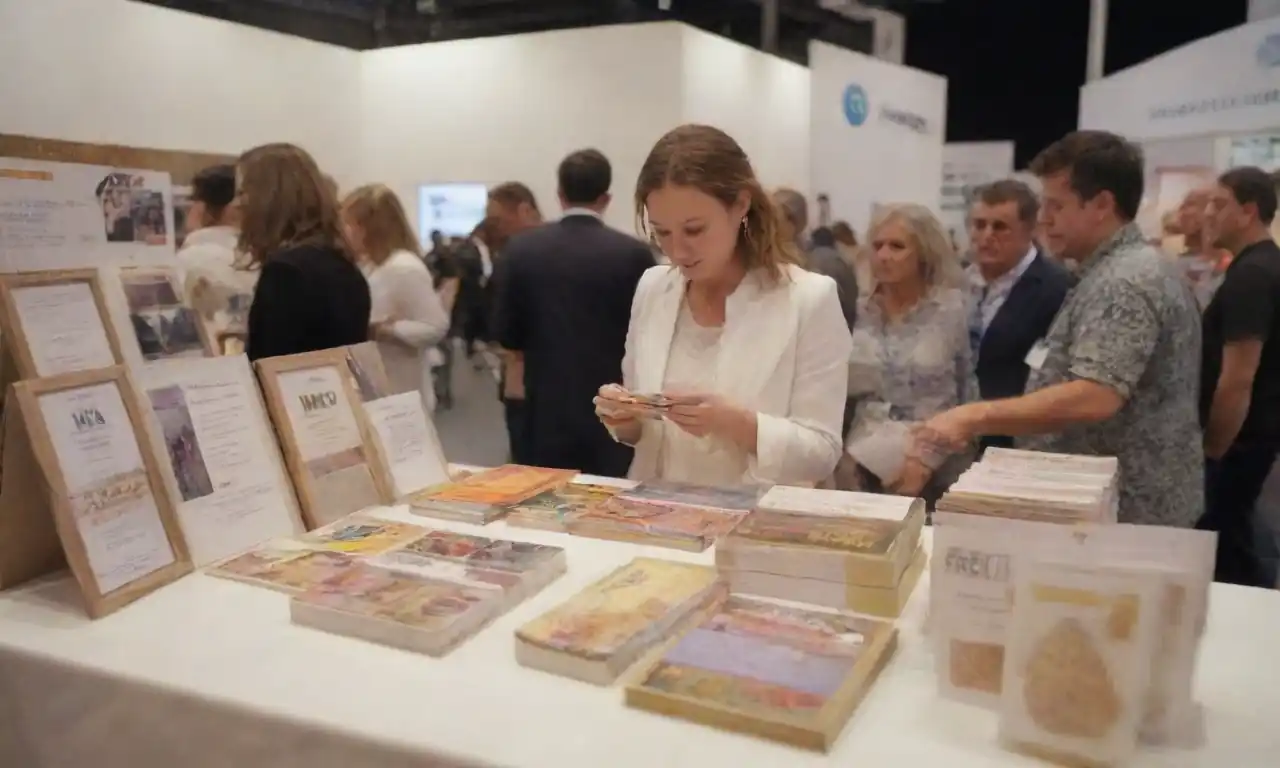 Un stand vibrante en una feria con personal interactuando con visitantes y folletos informativos.