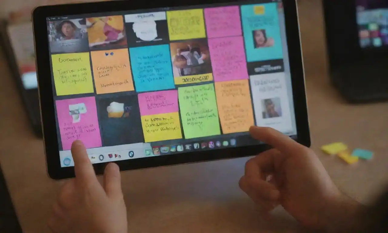 Person brainstorming ideas with colorful sticky notes and a digital device displaying social media posts.