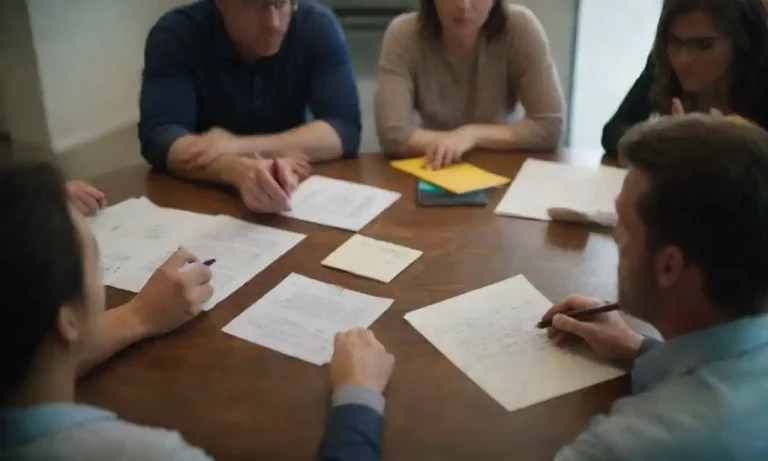 A diverse group brainstorming around a table with notes and creative ideas for marketing strategies.