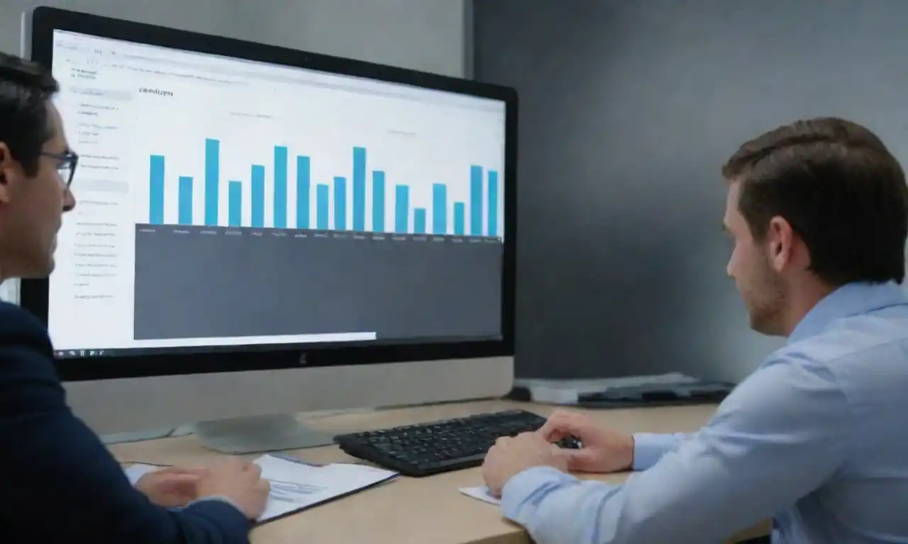 Gráfico de KPIs en una pantalla de computadora junto a un equipo discutiendo estrategia de CRM.