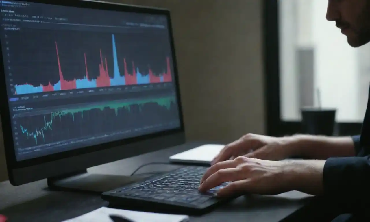 Person analyzing marketing data on a computer with charts and graphs visible.