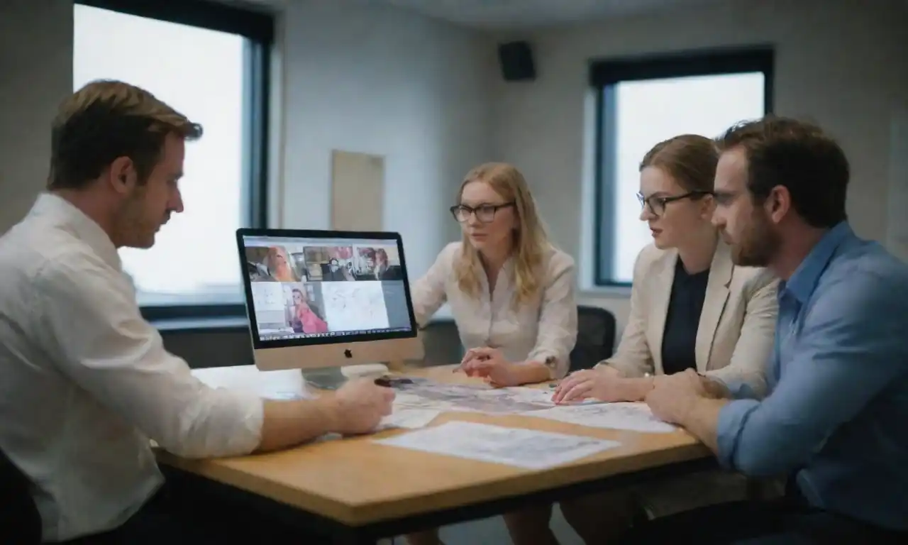 Creative team brainstorming ideas with storyboards and digital devices in a vibrant office.