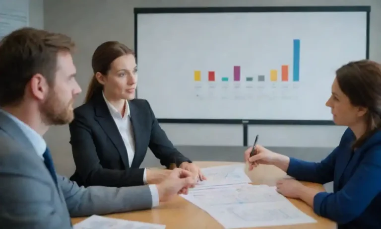 Group evaluating charts and metrics in a conference room setting.