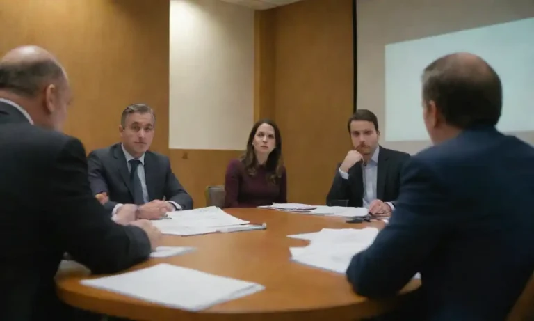 Un grupo de profesionales discutiendo estrategias con gráficos y notas en una sala de conferencias.