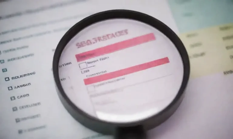 Magnifying glass over a checklist of SEO practices with crossed-out mistakes.