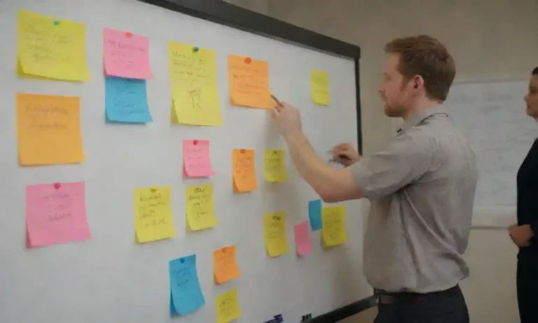 A diverse team brainstorming ideas with sticky notes and graphics on a whiteboard.