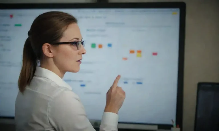 Marketer analyzing data on a laptop while adjusting a strategy chart on a whiteboard.