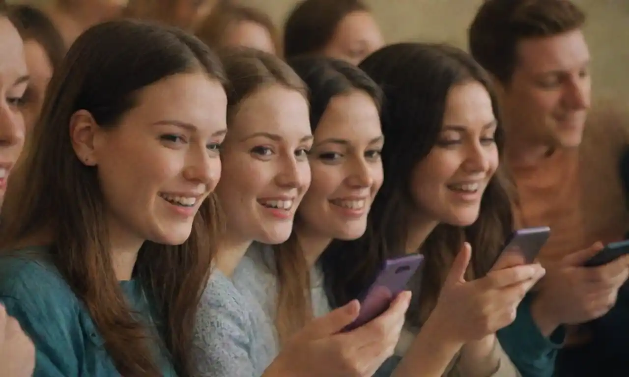 A group of engaged people sharing content on their smartphones