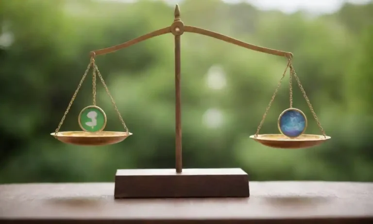 A balance scale showing high returns on one side and sustainability symbols on the other.