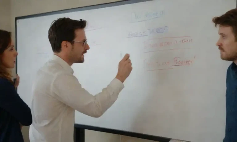 A marketing team brainstorming strategies on a whiteboard.