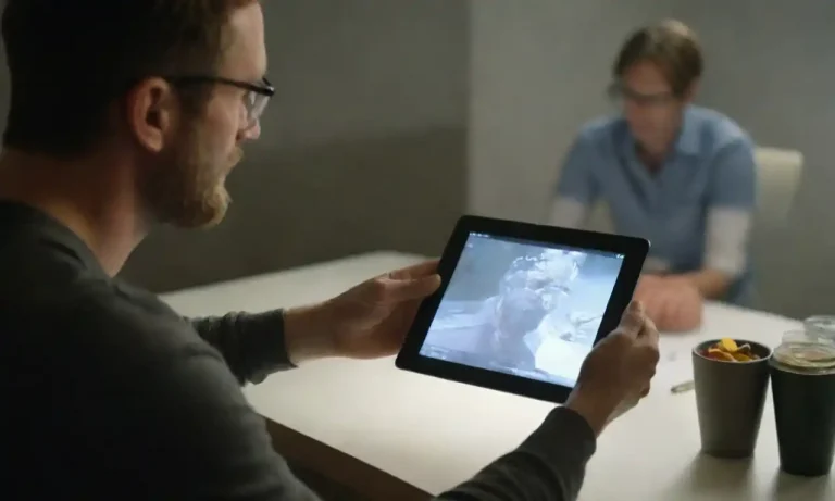 Designer showcasing a digital prototype on a tablet during a brainstorming session.