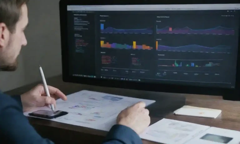 A digital marketing expert analyzing a landing page with highlighted conversion metrics and user flow diagrams.