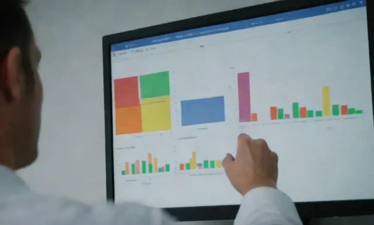 Person analyzing charts and data on a computer while planning actions on a whiteboard.