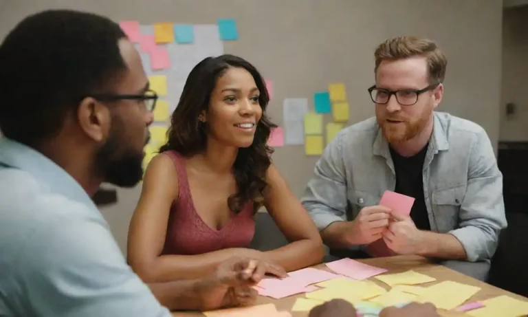 A diverse group brainstorming ideas with sticky notes in a creative workspace.