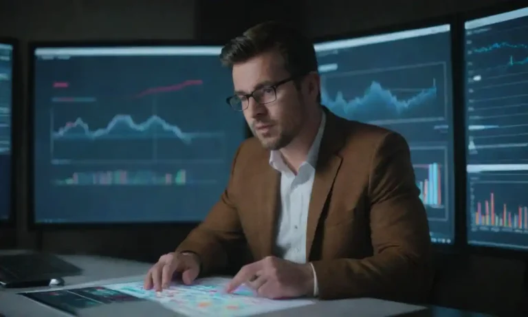 A digital marketing professional analyzing charts and trends on a screen.